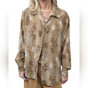 Jessie June 100% Silk Snakeskin Print Button Up Blouse Neutral Size L